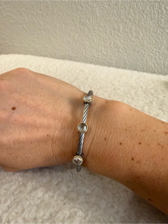 Charriol Jewelry - Charriol 3 Station Steel Cable Bangle Bracelet with Faceted White Topaz
